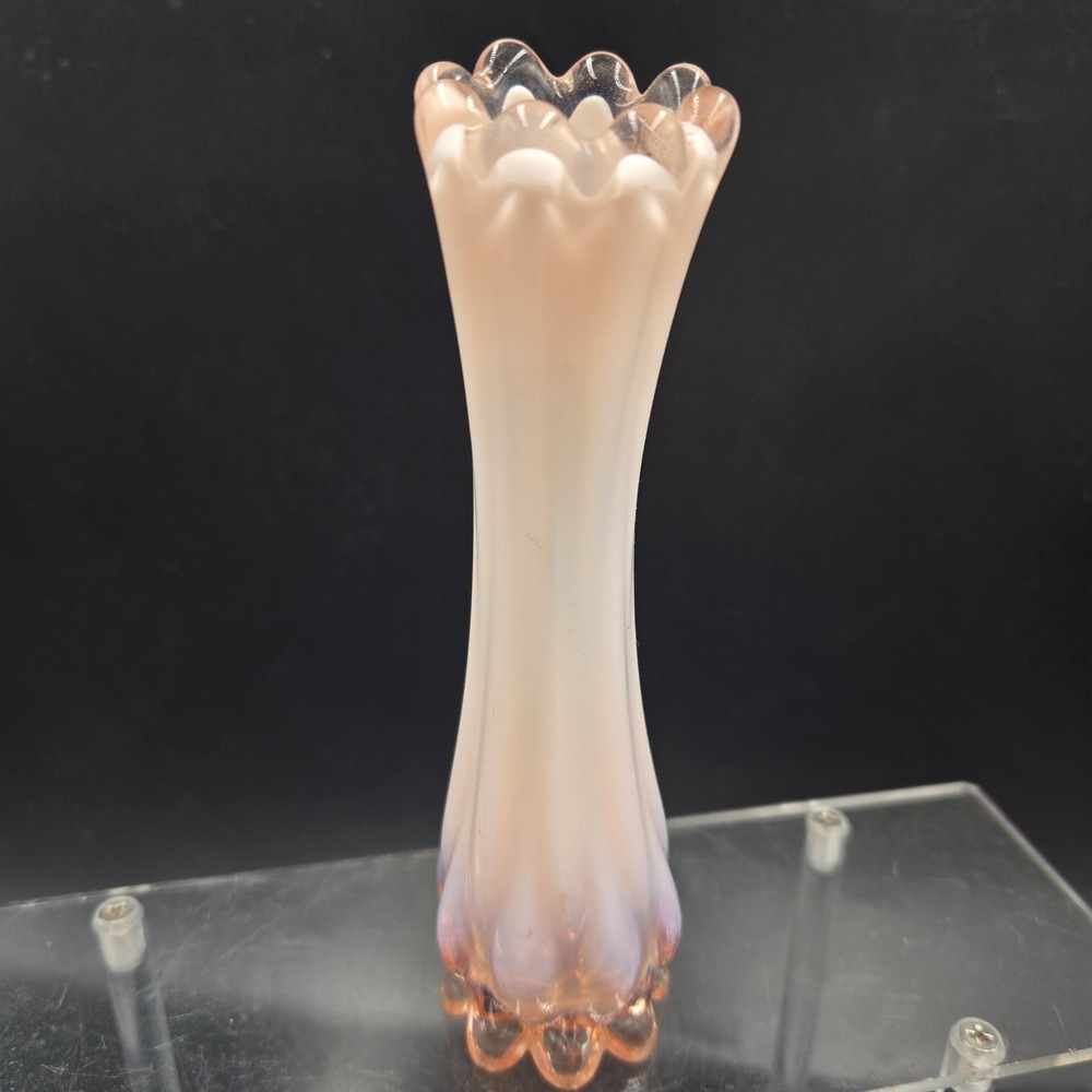 Vintage Pink Opalescent Swung Glass Bud Vase Ruffled Flame Edge Mid Century Art